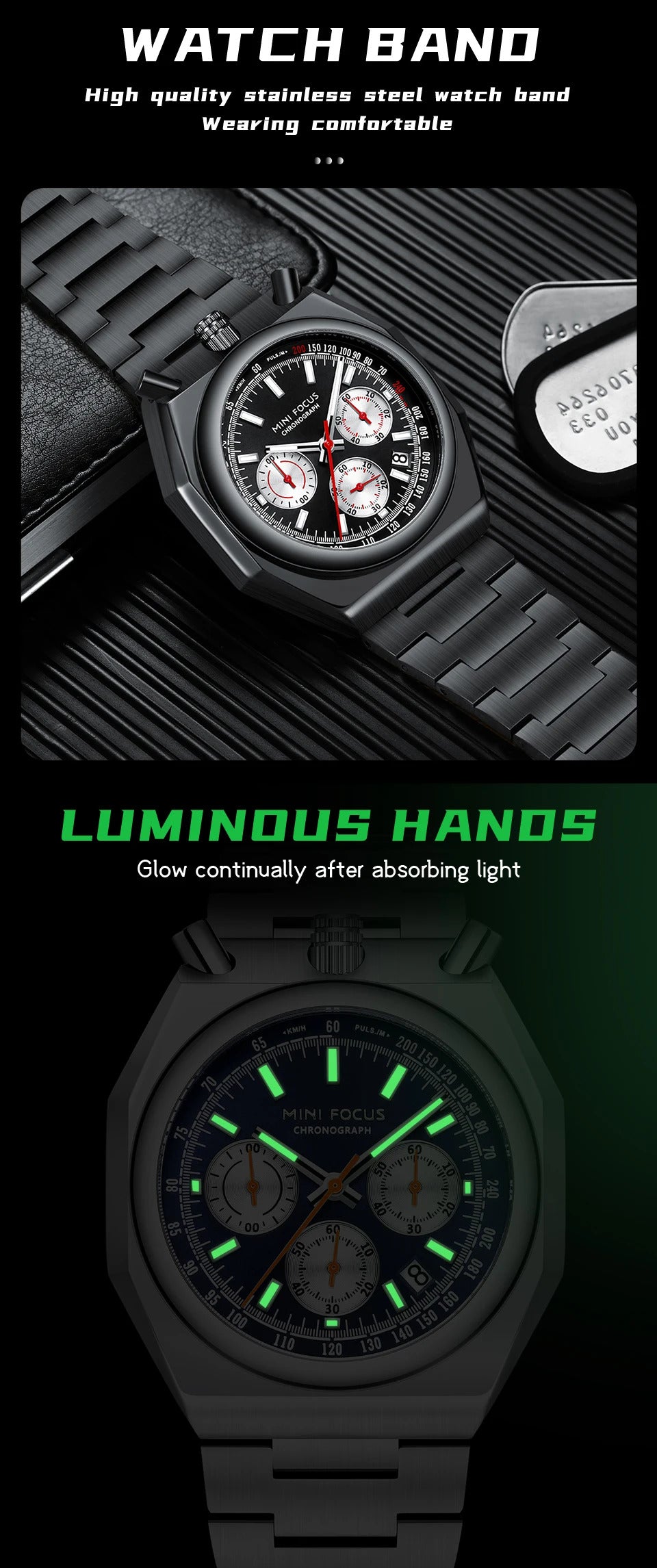 MINI FOCUS Fashion Multifunctional Quartz Watch for Men Calendar Luminous Luxury Stainless Steel Strap Bull Head Mens Watches