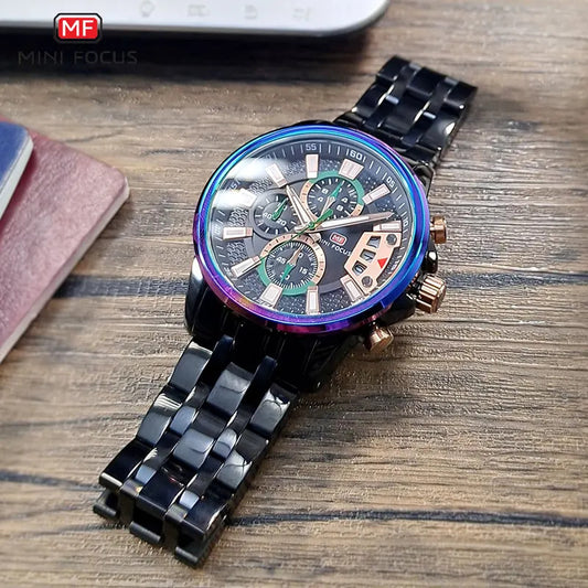 MINI FOCUS Chronograph Quartz Watch for Men with Stainless Steel Bracelet Luxury Sport Analog Wristwatch with Date Black Purple