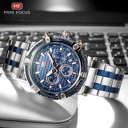 MINI FOCUS Analog Quartz Dress Watch Men Silver Blue Stainless Steel Band Chronograph Luminous Wristwatch with Date 24-hour 0470