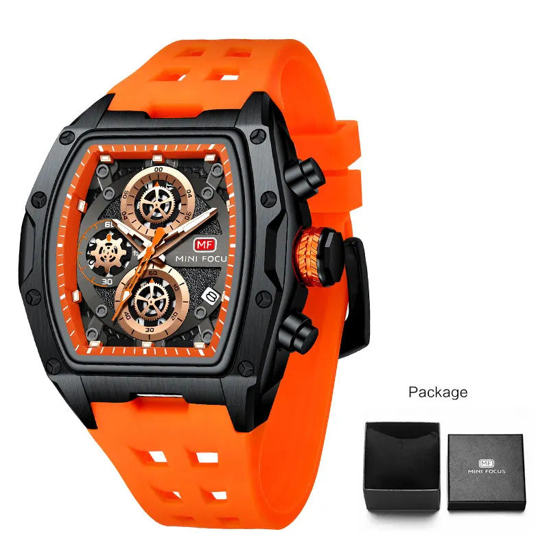 MINI FOCUS Blue Quartz Watch Men Fashion Military Sport Chronograph Wristwatch with Luminous Hands Auto Date Silicone Strap
