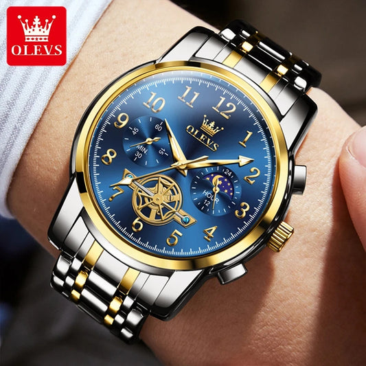 OLEVS 2900 Moon Phase Watch Men Stainless Steel Waterpoof Luminous Fashion Skeleton Chronograph Quartz Wrist Watch for Men NEW