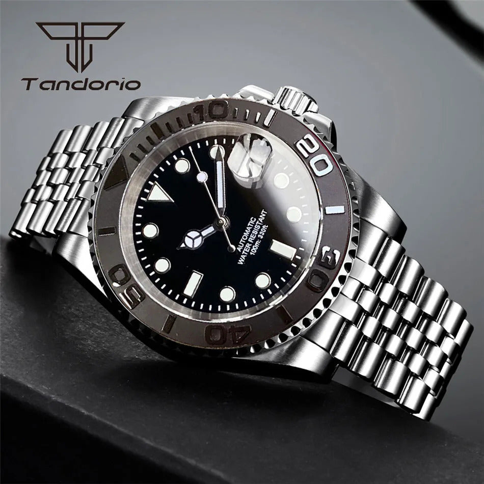 Tandorio NH35A Date Stainless Steel 40mm Dive Automatic Men Watch Sapphire Crystal Rotating Bezel Luminous Mechanical Wristwatch