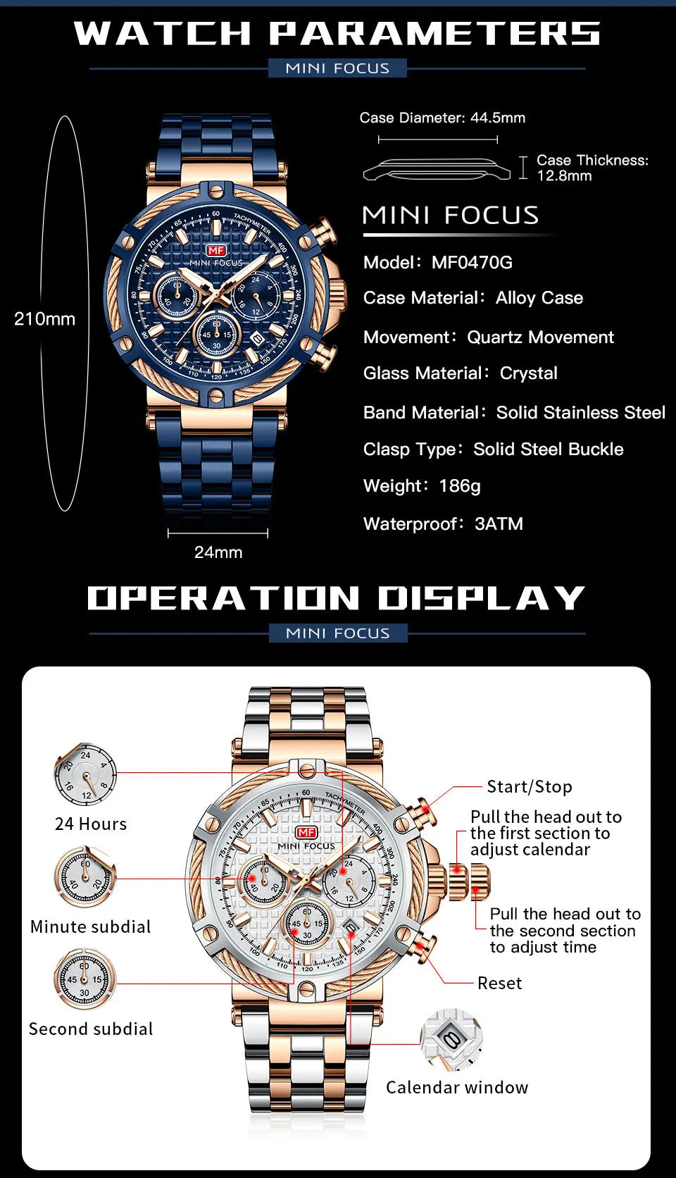 MINI FOCUS Analog Quartz Dress Watch Men Silver Blue Stainless Steel Band Chronograph Luminous Wristwatch with Date 24-hour 0470