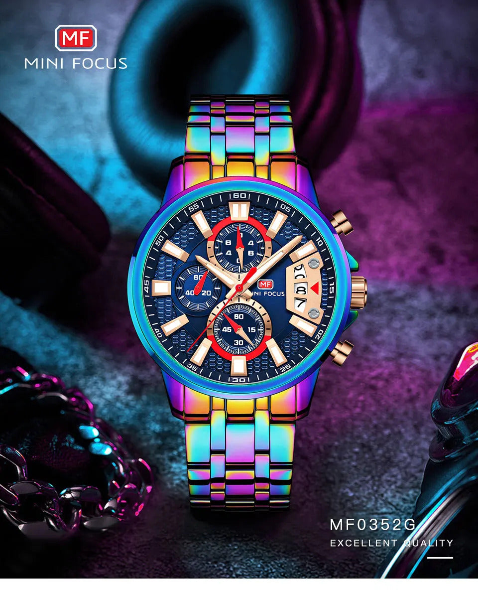 MINI FOCUS Chronograph Quartz Watch for Men with Stainless Steel Bracelet Luxury Sport Analog Wristwatch with Date Black Purple