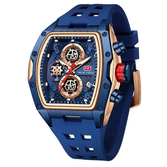 MINI FOCUS Blue Quartz Watch Men Fashion Military Sport Chronograph Wristwatch with Luminous Hands Auto Date Silicone Strap