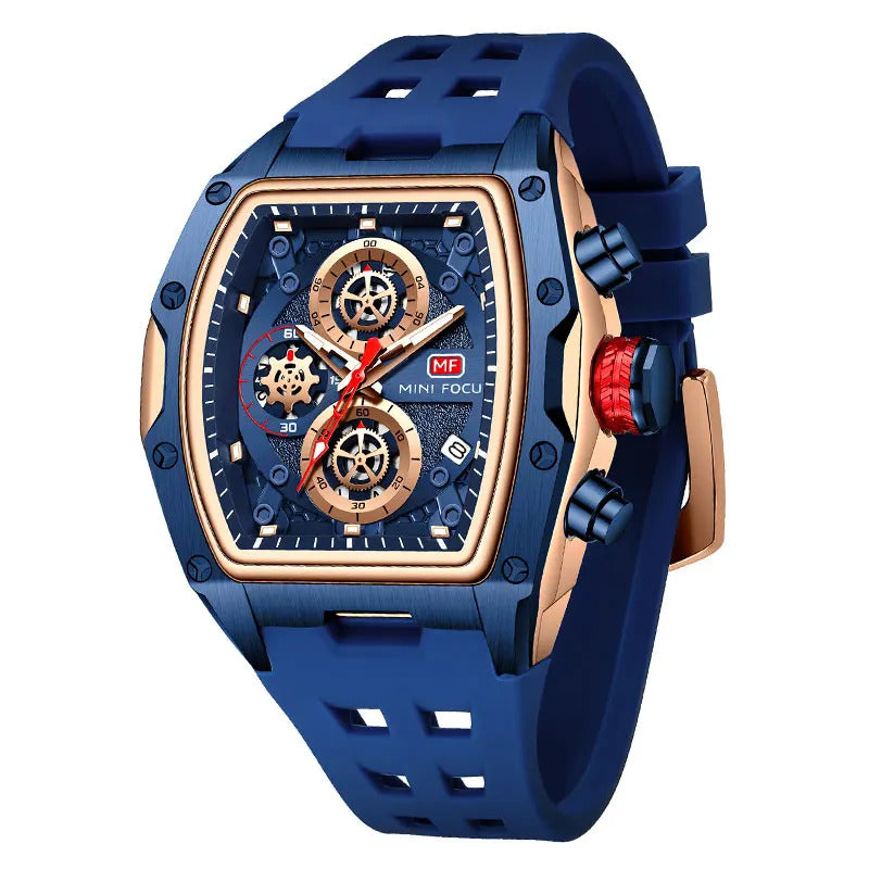 MINI FOCUS Blue Quartz Watch Men Fashion Military Sport Chronograph Wristwatch with Luminous Hands Auto Date Silicone Strap
