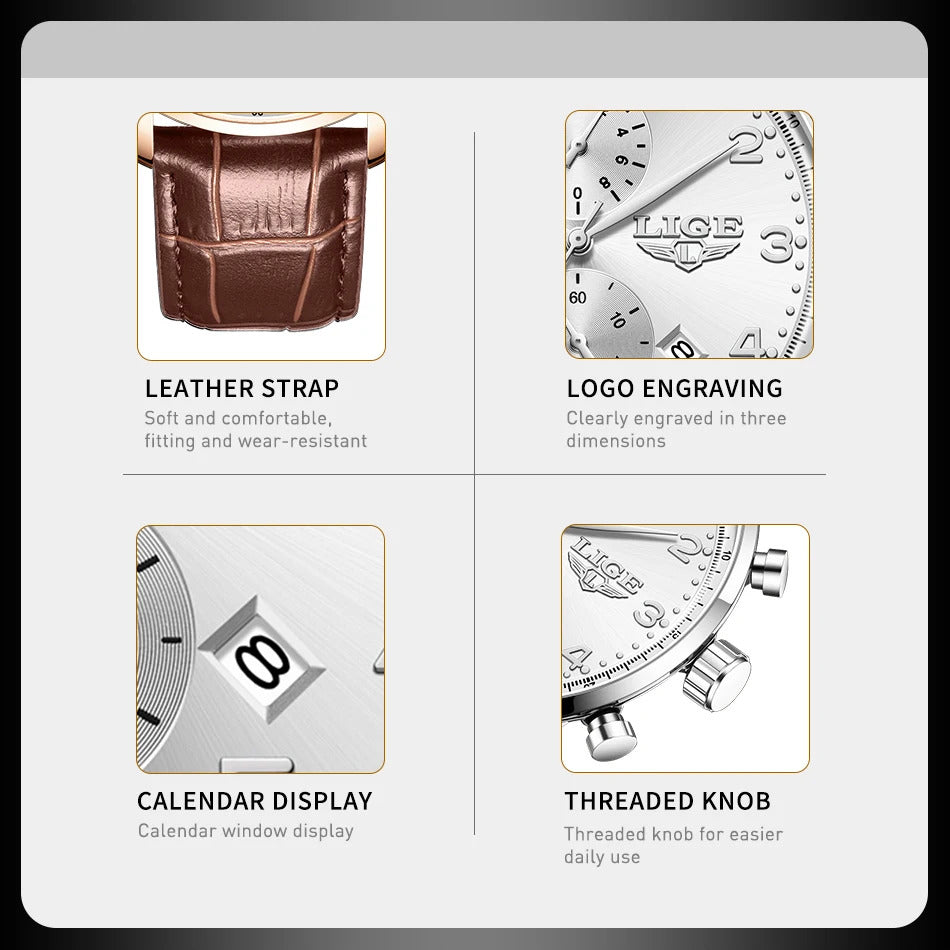 LIGE New Mens Watches Top Brand Luxury Military Quartz Watch For Men Fashion Leather Sports Waterproof Chronograph Reloj Hombre