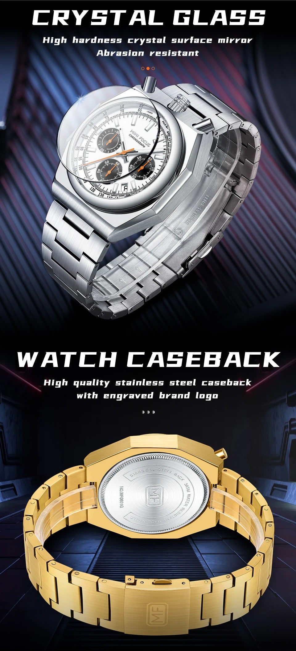 MINI FOCUS Fashion Multifunctional Quartz Watch for Men Calendar Luminous Luxury Stainless Steel Strap Bull Head Mens Watches