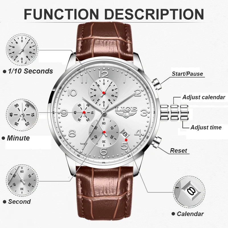 LIGE New Mens Watches Top Brand Luxury Military Quartz Watch For Men Fashion Leather Sports Waterproof Chronograph Reloj Hombre