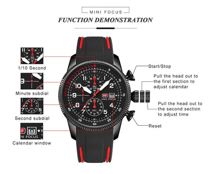 MINI FOCUS Sport Quartz Watch for Men Fashion Waterproof Chronograph Wristwatch with Blue Silicone Strap Auto Date Luminous 0379
