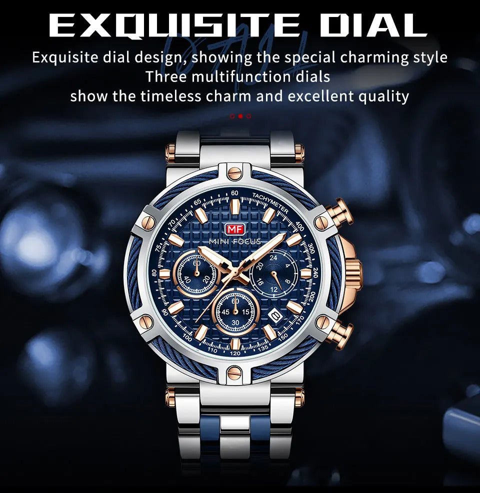 MINI FOCUS Analog Quartz Dress Watch Men Silver Blue Stainless Steel Band Chronograph Luminous Wristwatch with Date 24-hour 0470