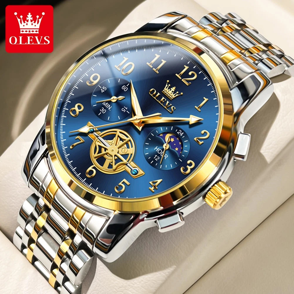 OLEVS 2900 Moon Phase Watch Men Stainless Steel Waterpoof Luminous  Fashion Skeleton Chronograph Quartz Wrist Watch for Men NEW