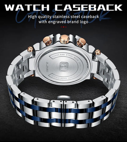 MINI FOCUS Analog Quartz Dress Watch Men Silver Blue Stainless Steel Band Chronograph Luminous Wristwatch with Date 24-hour 0470