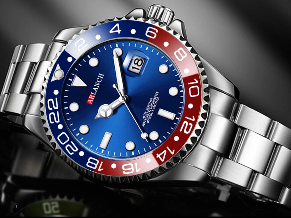 Business Stainless Steel Watch 40mm Classic Red Blue Circle Diving Series Magnifying Glass Calendar Quartz Watches montre homme