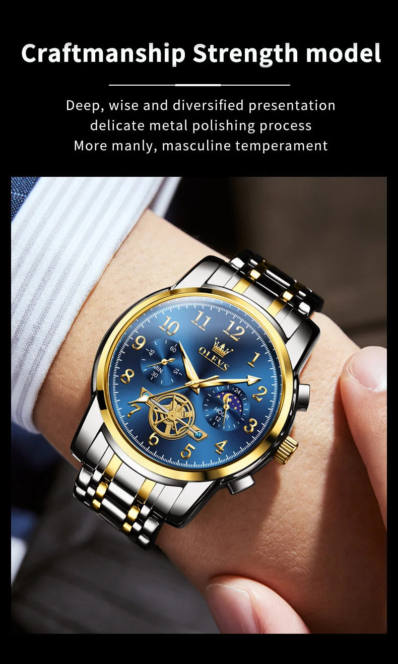 OLEVS 2900 Moon Phase Watch Men Stainless Steel Waterpoof Luminous  Fashion Skeleton Chronograph Quartz Wrist Watch for Men NEW