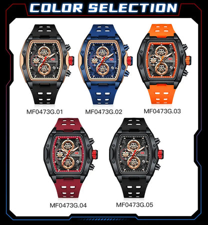 MINI FOCUS Blue Quartz Watch Men Fashion Military Sport Chronograph Wristwatch with Luminous Hands Auto Date Silicone Strap