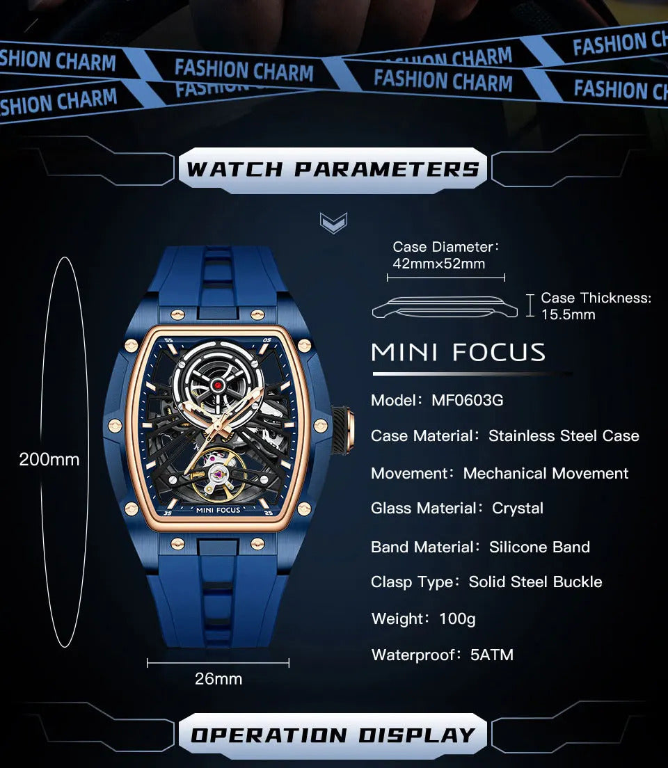 MINI FOCUS Men Wristwatch Fashion Black Waterproof Automatic Mechanical Watch with Luminous Hands Silicone Strap Tonneau Dial