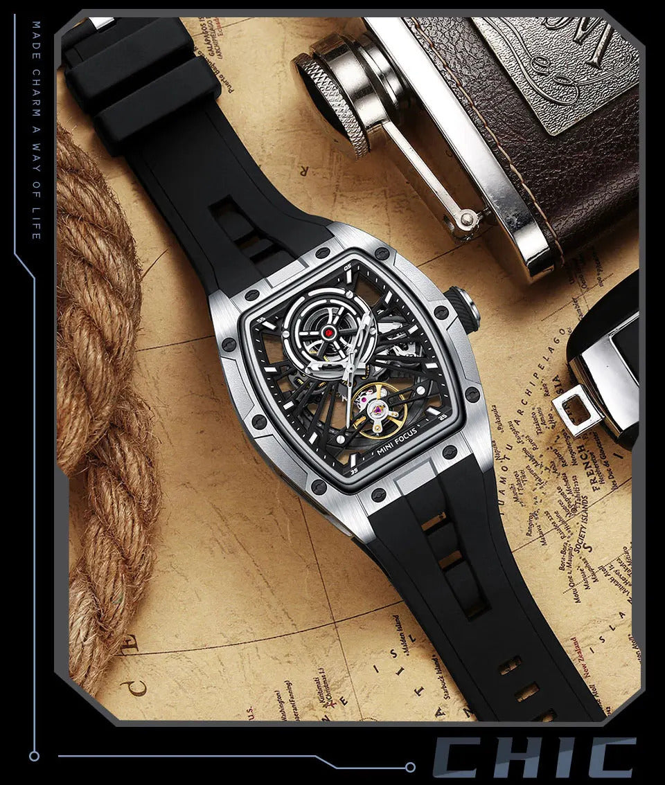 MINI FOCUS Men Wristwatch Fashion Black Waterproof Automatic Mechanical Watch with Luminous Hands Silicone Strap Tonneau Dial
