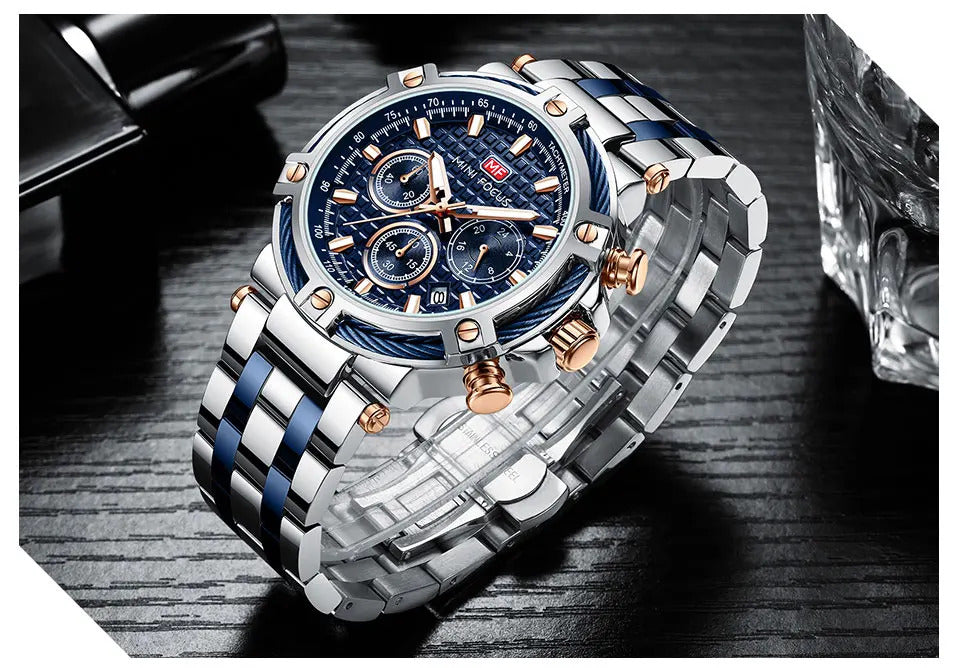 MINI FOCUS Analog Quartz Dress Watch Men Silver Blue Stainless Steel Band Chronograph Luminous Wristwatch with Date 24-hour 0470