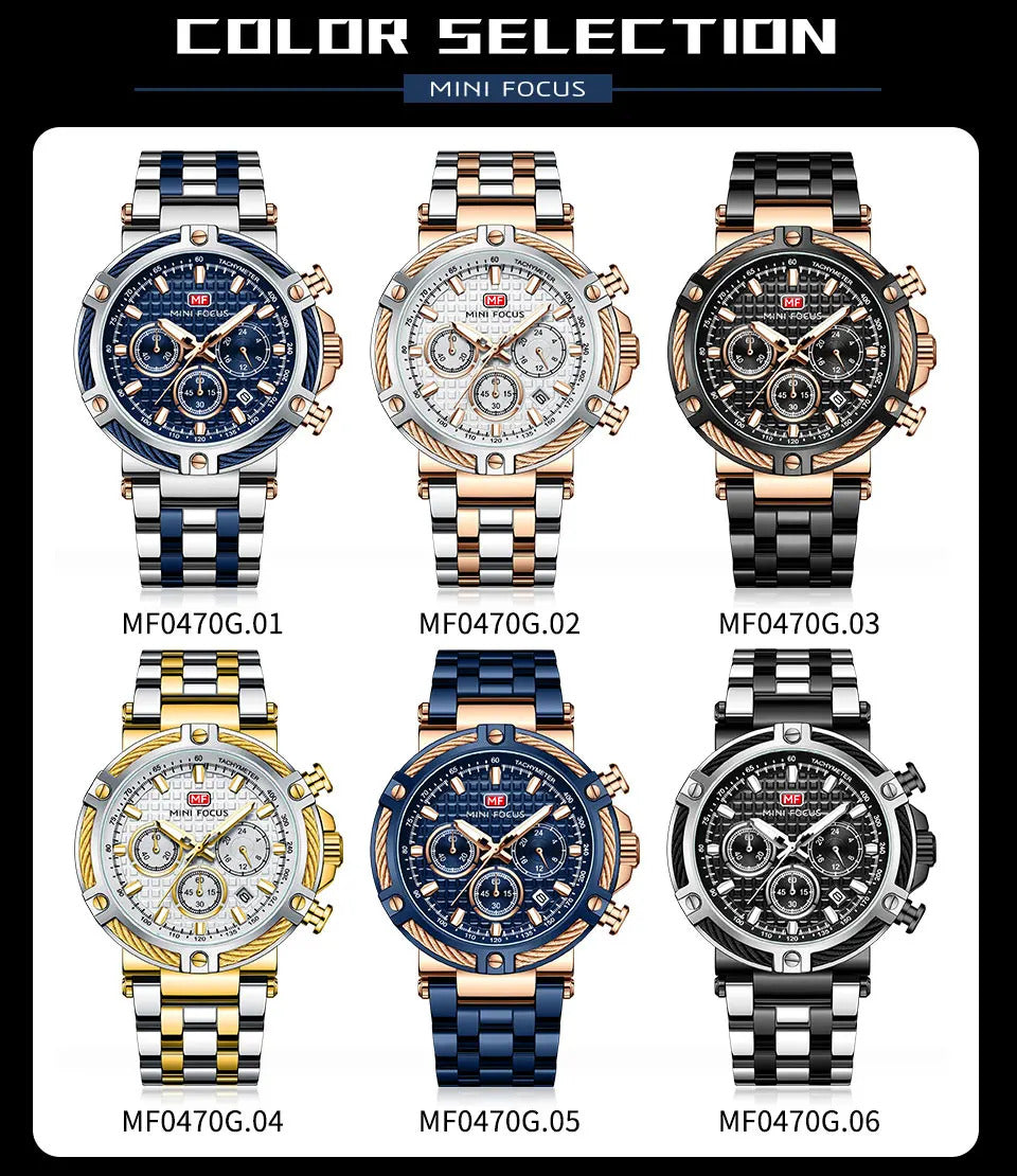 MINI FOCUS Analog Quartz Dress Watch Men Silver Blue Stainless Steel Band Chronograph Luminous Wristwatch with Date 24-hour 0470