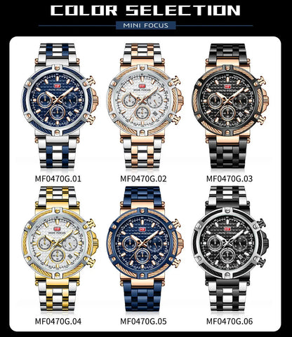 MINI FOCUS Analog Quartz Dress Watch Men Silver Blue Stainless Steel Band Chronograph Luminous Wristwatch with Date 24-hour 0470