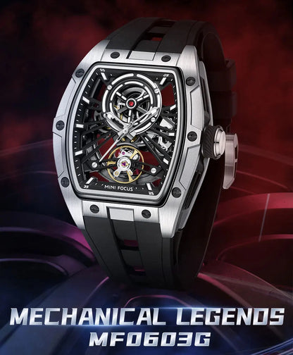 MINI FOCUS Men Wristwatch Fashion Black Waterproof Automatic Mechanical Watch with Luminous Hands Silicone Strap Tonneau Dial