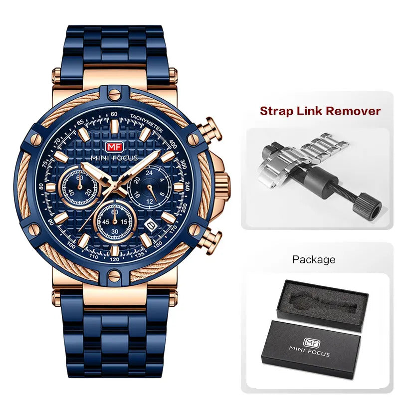 MINI FOCUS Analog Quartz Dress Watch Men Silver Blue Stainless Steel Band Chronograph Luminous Wristwatch with Date 24-hour 0470