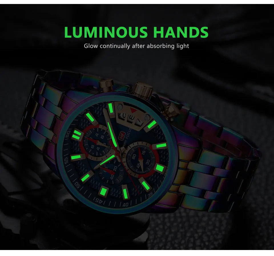 MINI FOCUS Chronograph Quartz Watch for Men with Stainless Steel Bracelet Luxury Sport Analog Wristwatch with Date Black Purple