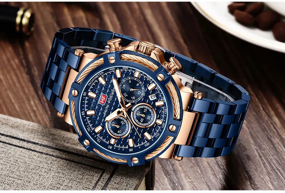 MINI FOCUS Analog Quartz Dress Watch Men Silver Blue Stainless Steel Band Chronograph Luminous Wristwatch with Date 24-hour 0470