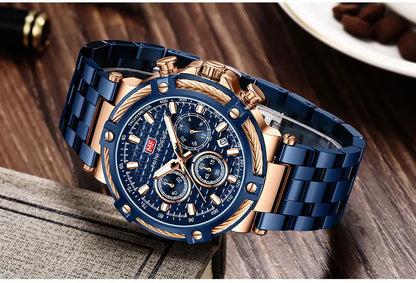 MINI FOCUS Analog Quartz Dress Watch Men Silver Blue Stainless Steel Band Chronograph Luminous Wristwatch with Date 24-hour 0470