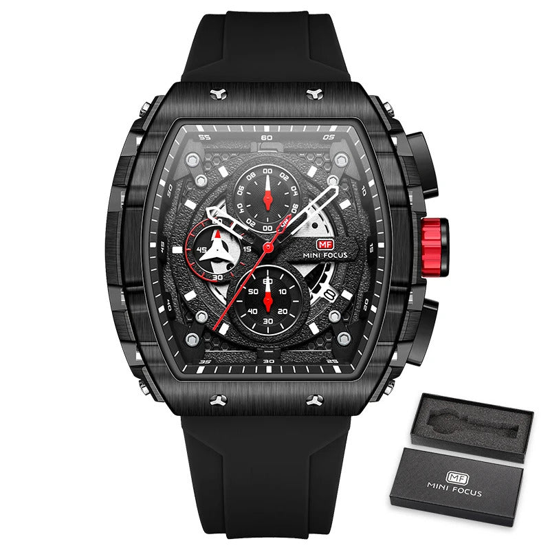 MINI FOCUS Sport Chronograph Quartz Watch for Men Fashion Blue Silicone Strap Tonneau Dial Wristwatch with Date 3atm Waterproof