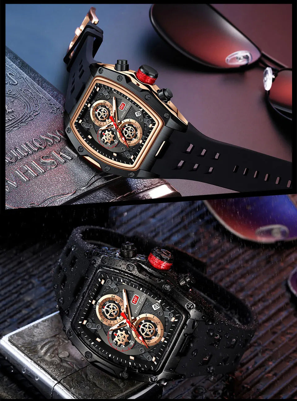 MINI FOCUS Blue Quartz Watch Men Fashion Military Sport Chronograph Wristwatch with Luminous Hands Auto Date Silicone Strap
