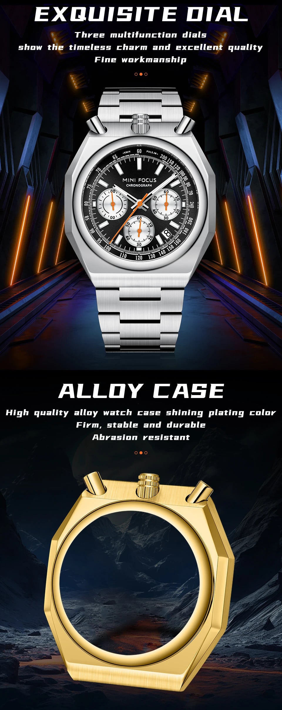 MINI FOCUS Fashion Multifunctional Quartz Watch for Men Calendar Luminous Luxury Stainless Steel Strap Bull Head Mens Watches