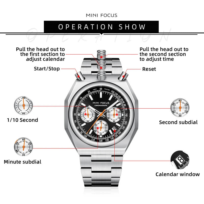 MINI FOCUS Fashion Multifunctional Quartz Watch for Men Calendar Luminous Luxury Stainless Steel Strap Bull Head Mens Watches