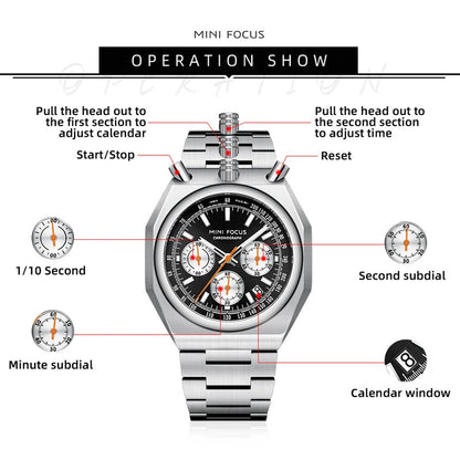 MINI FOCUS Fashion Multifunctional Quartz Watch for Men Calendar Luminous Luxury Stainless Steel Strap Bull Head Mens Watches