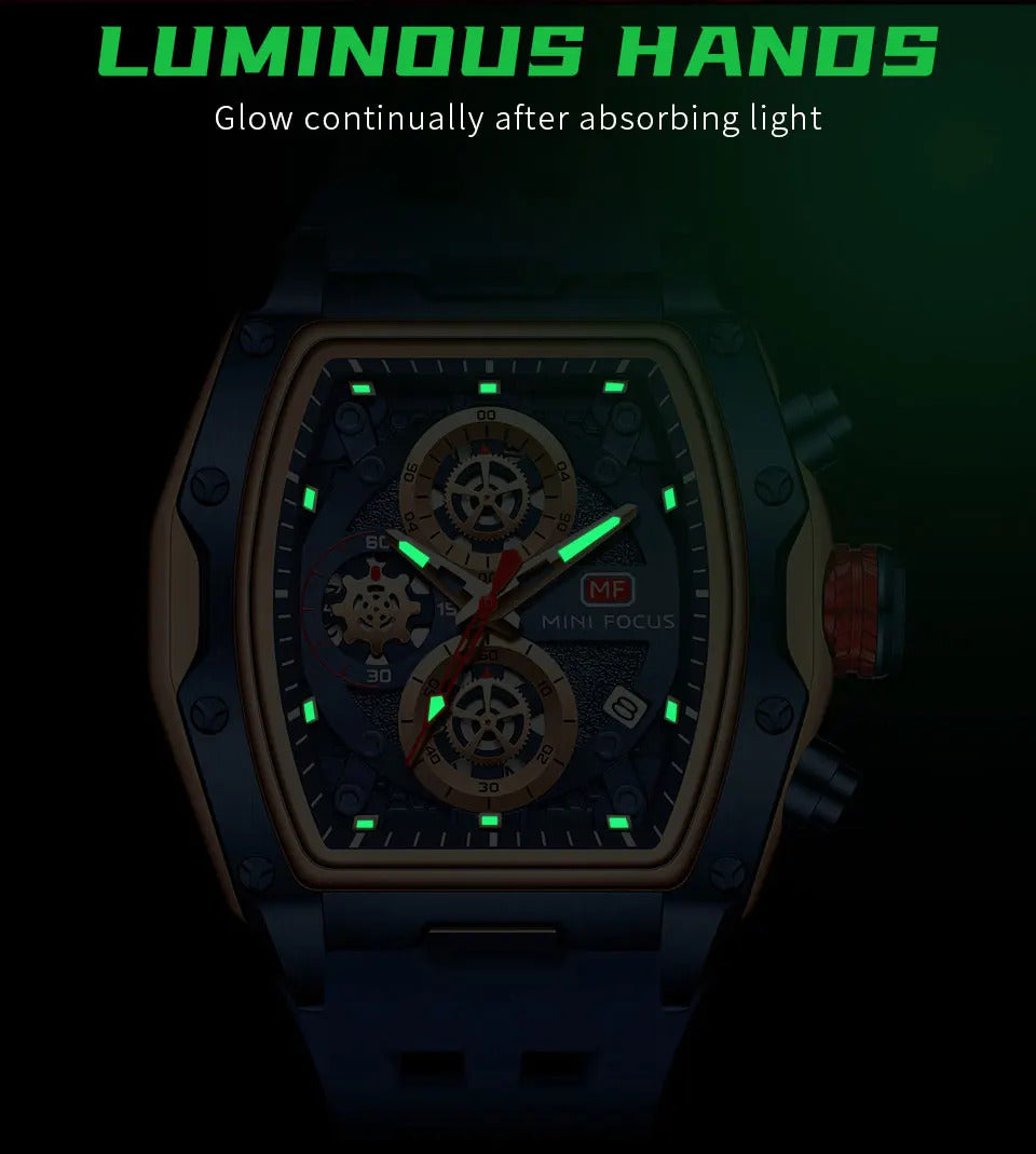 MINI FOCUS Blue Quartz Watch Men Fashion Military Sport Chronograph Wristwatch with Luminous Hands Auto Date Silicone Strap