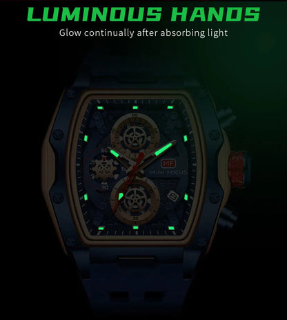 MINI FOCUS Blue Quartz Watch Men Fashion Military Sport Chronograph Wristwatch with Luminous Hands Auto Date Silicone Strap
