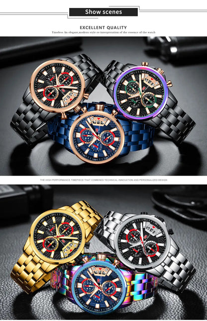 MINI FOCUS Chronograph Quartz Watch for Men with Stainless Steel Bracelet Luxury Sport Analog Wristwatch with Date Black Purple