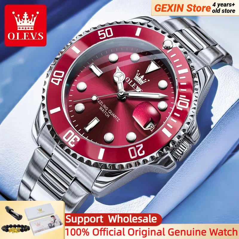 OLEVS 5885 Luxury Men Watch Diving Series Deep Waterproof Auto Date Stainless steel NEW Red Dial Original Wristwatch