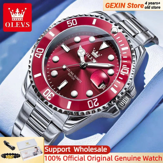OLEVS 5885 Luxury Men Watch Diving Series Deep Waterproof Auto Date Stainless steel NEW Red Dial Original Wristwatch