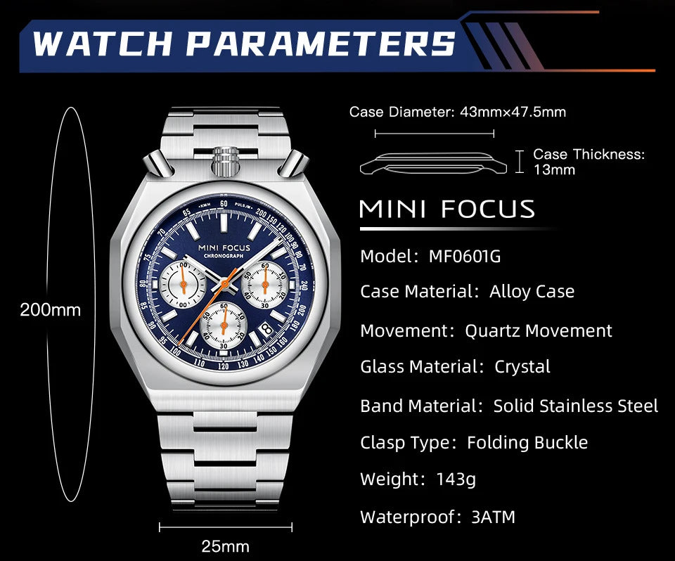 MINI FOCUS Fashion Multifunctional Quartz Watch for Men Calendar Luminous Luxury Stainless Steel Strap Bull Head Mens Watches