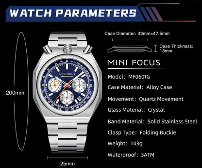 MINI FOCUS Fashion Multifunctional Quartz Watch for Men Calendar Luminous Luxury Stainless Steel Strap Bull Head Mens Watches