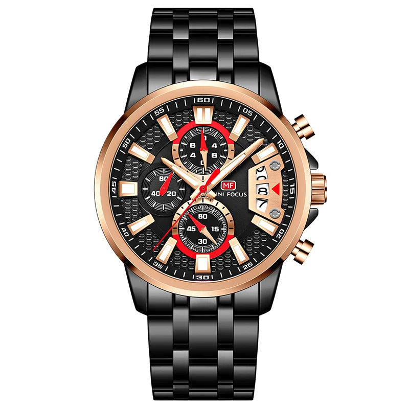 MINI FOCUS Chronograph Quartz Watch for Men with Stainless Steel Bracelet Luxury Sport Analog Wristwatch with Date Black Purple