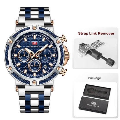 MINI FOCUS Analog Quartz Dress Watch Men Silver Blue Stainless Steel Band Chronograph Luminous Wristwatch with Date 24-hour 0470