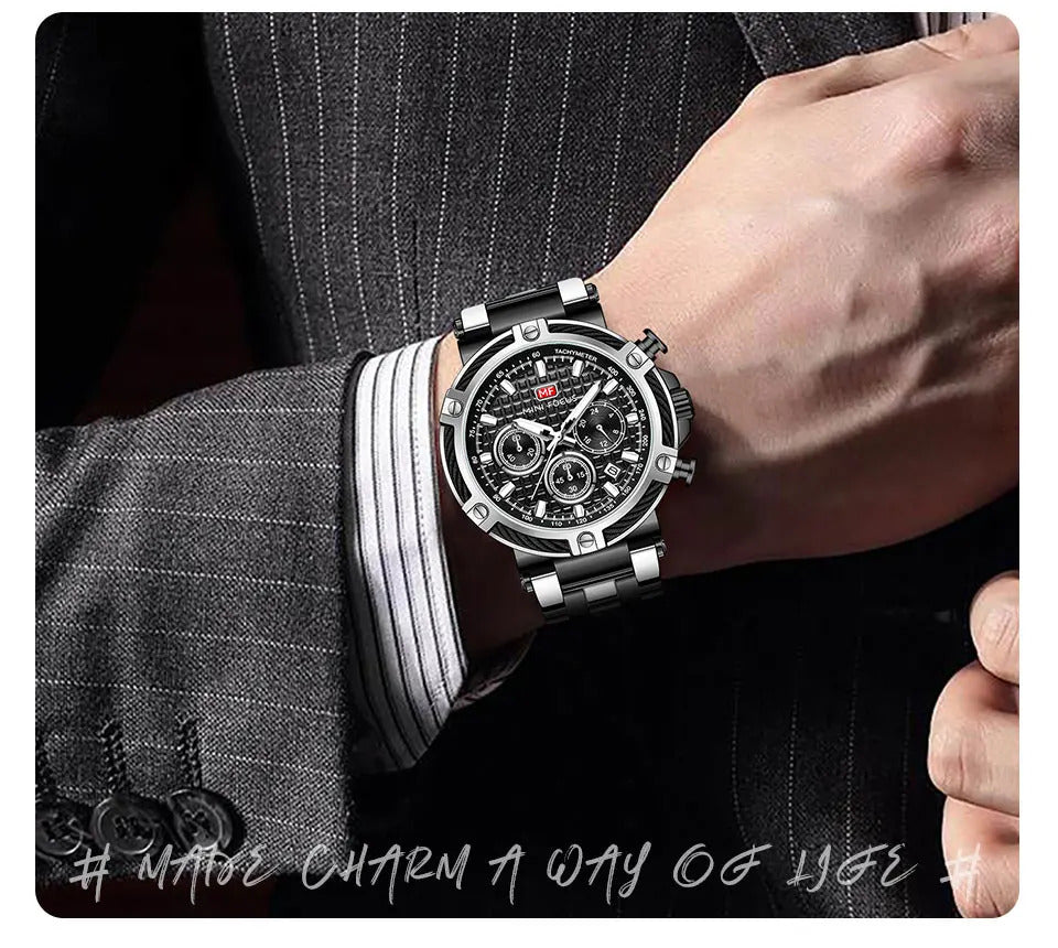 MINI FOCUS Analog Quartz Dress Watch Men Silver Blue Stainless Steel Band Chronograph Luminous Wristwatch with Date 24-hour 0470
