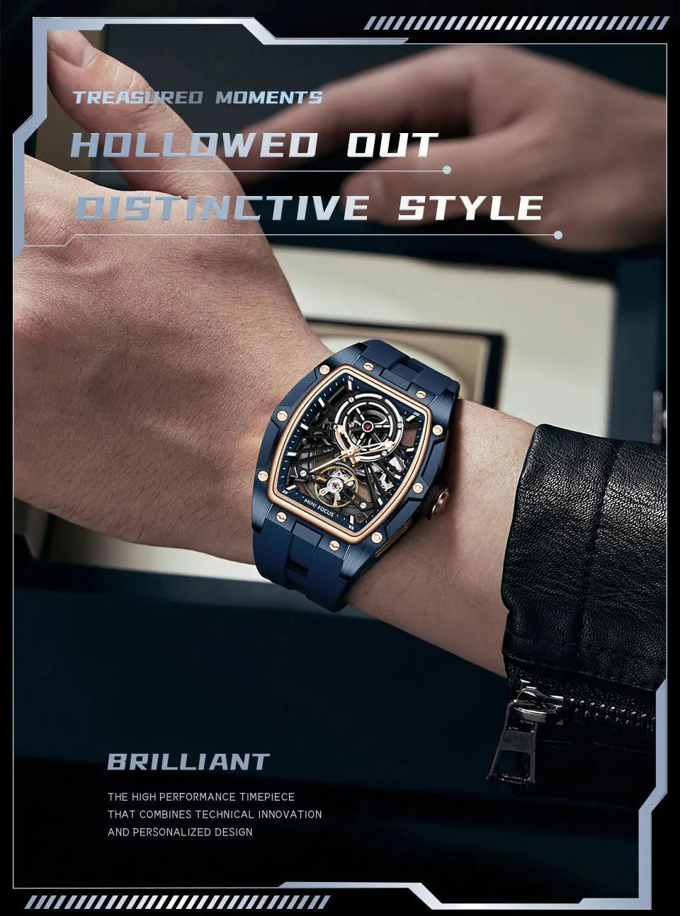 MINI FOCUS Men Wristwatch Fashion Black Waterproof Automatic Mechanical Watch with Luminous Hands Silicone Strap Tonneau Dial