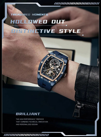 MINI FOCUS Men Wristwatch Fashion Black Waterproof Automatic Mechanical Watch with Luminous Hands Silicone Strap Tonneau Dial