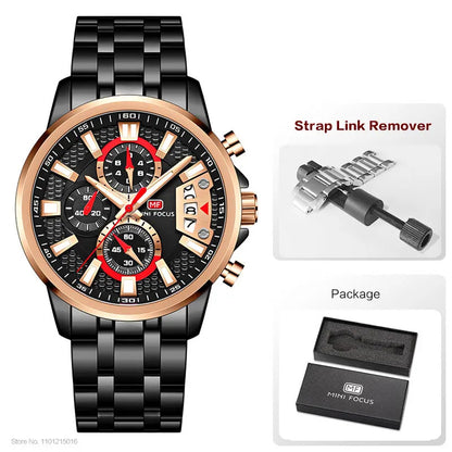 MINI FOCUS Chronograph Quartz Watch for Men with Stainless Steel Bracelet Luxury Sport Analog Wristwatch with Date Black Purple