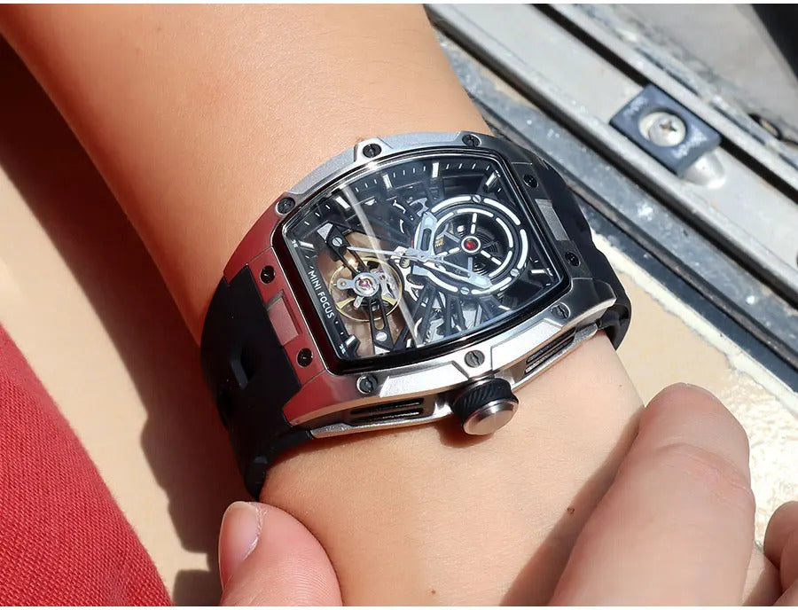 MINI FOCUS Men Wristwatch Fashion Black Waterproof Automatic Mechanical Watch with Luminous Hands Silicone Strap Tonneau Dial