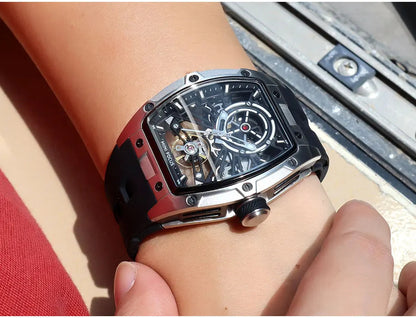 MINI FOCUS Men Wristwatch Fashion Black Waterproof Automatic Mechanical Watch with Luminous Hands Silicone Strap Tonneau Dial
